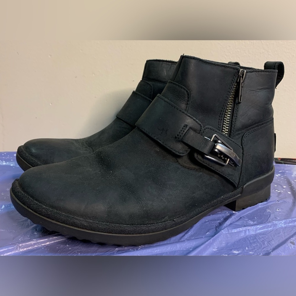 Black Leather UGG Ankle Boots with Buckle